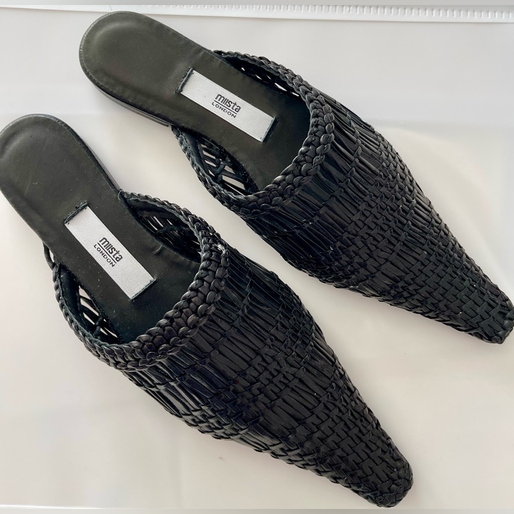 Miista flats in woven black; NEW in box